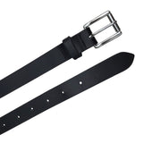 Black leather belt with stainless steel buckle. Both ends.