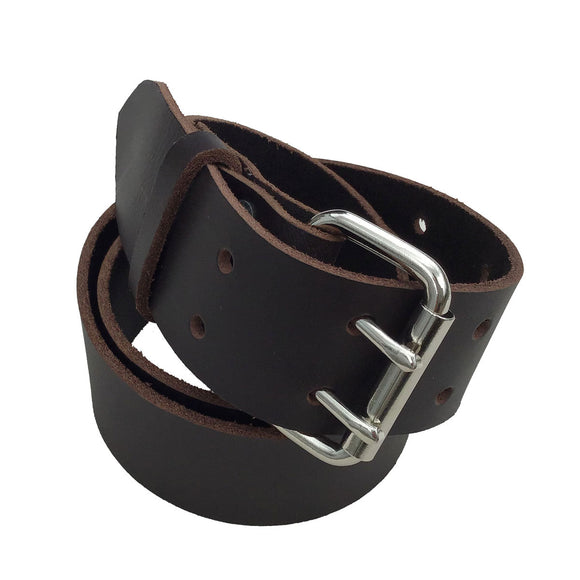 Brown leather belt rolled up silver two prong buckle