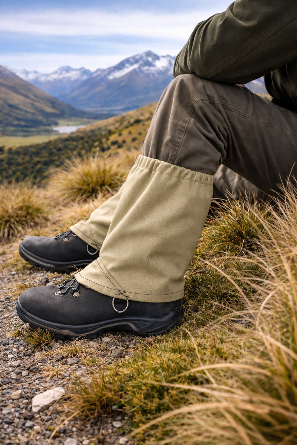 Person-sitting-in-nz-high-country-with-aerosew-puttees-on