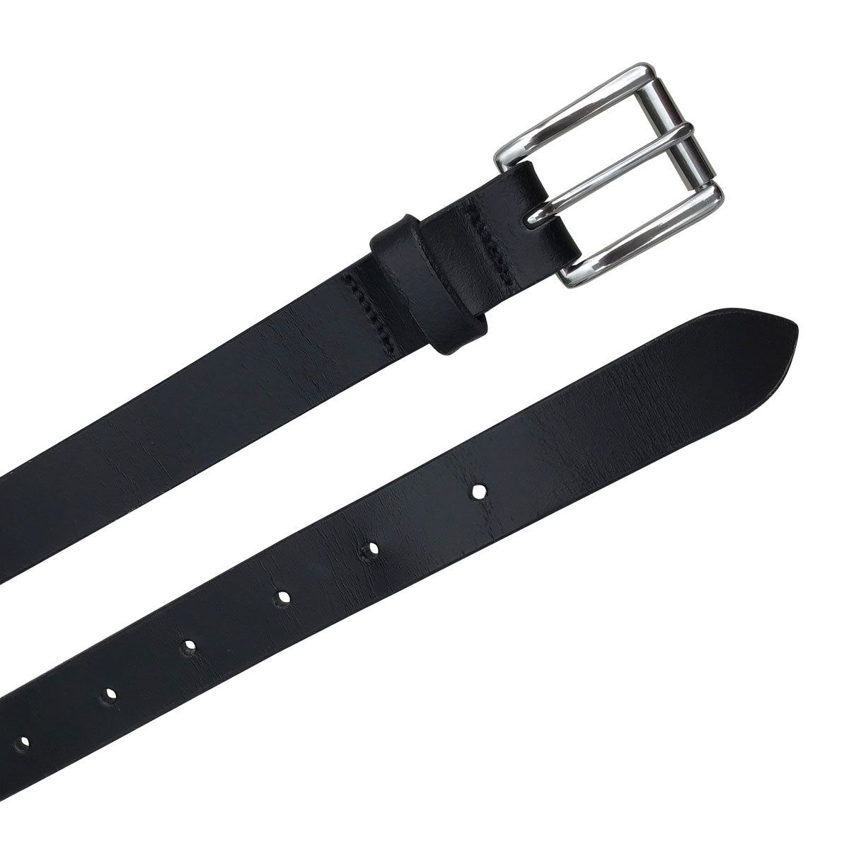 Black leather belt with stainless steel buckle. Both ends. 